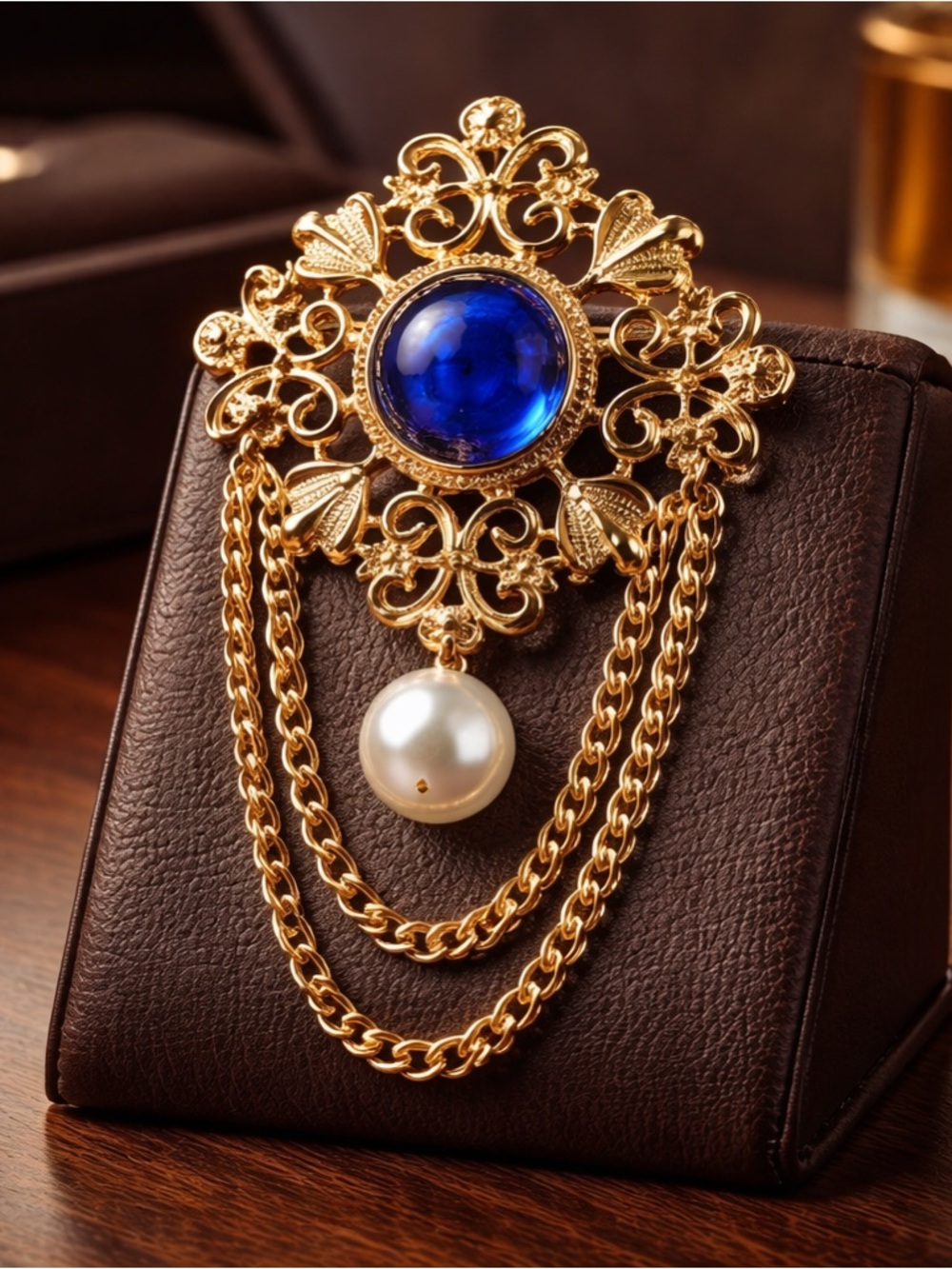 Vintage Style Gold Tone Filigree Blue Cabochon Faux Pearl Dangle Chain Brooch - Picture 6 of 6